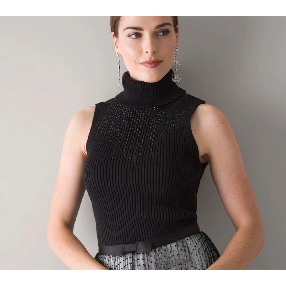 White House Black Market Black Sleeveless Rhinestone Turtleneck‎ Sweater Top M